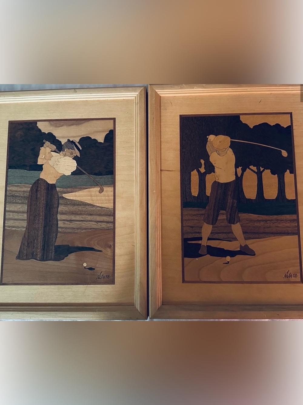 Hudson River Inlay. Vintage Art Golfer Marquetry Wall Art - Brown and Tan